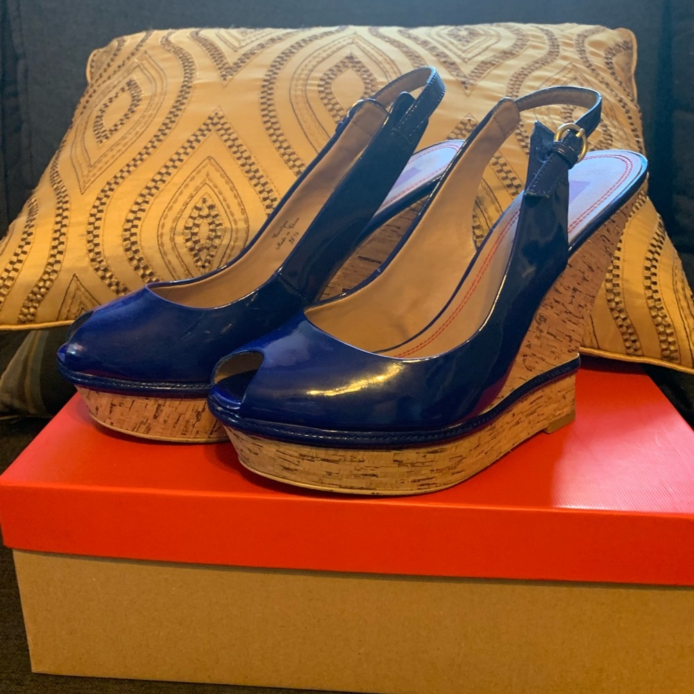 Patent Royal blue wedge platform slingback sandals